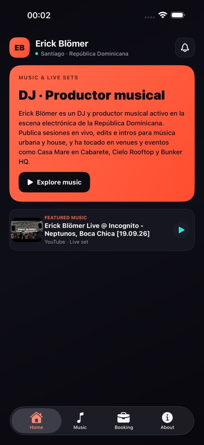 Home screen of the Erick Blömer iOS app