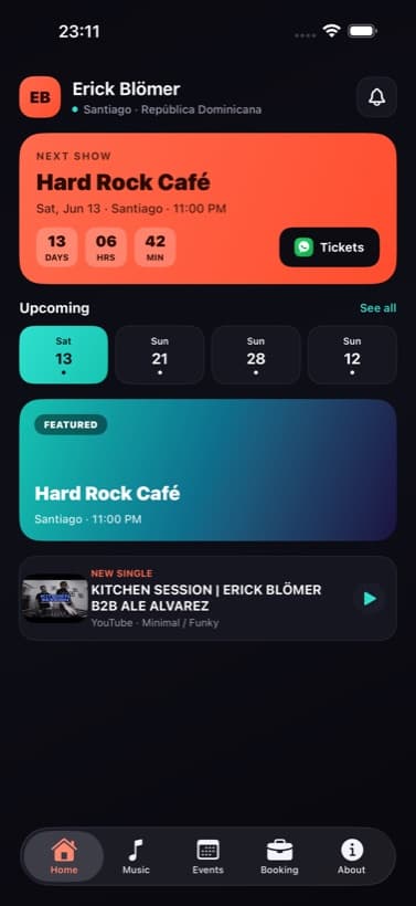 Home screen of the Erick Blömer iOS app